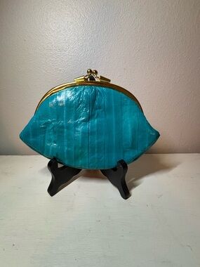 Vintage Teal Eel Skin Kiss-Lock Clutch with Gold Frame